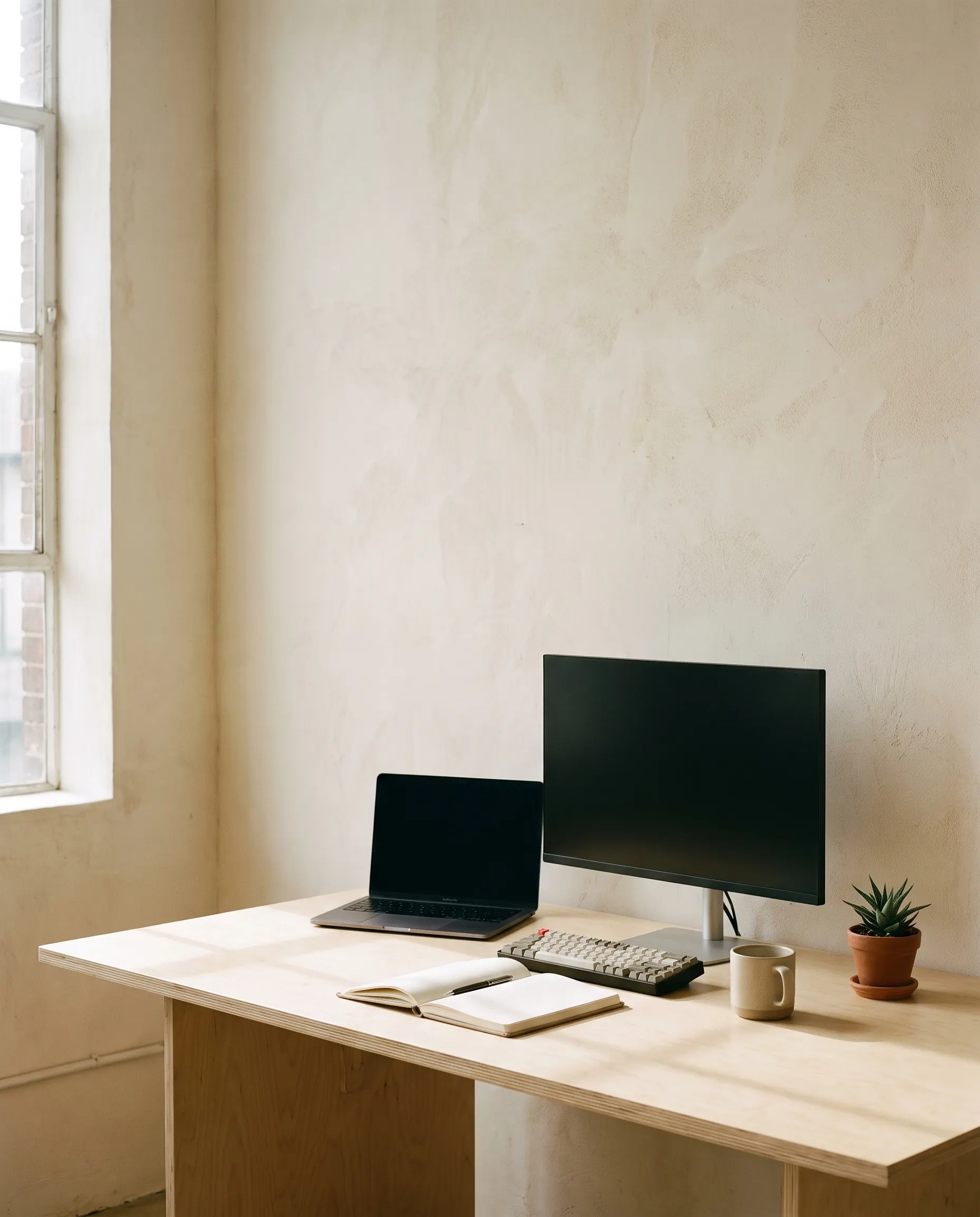 A quiet desk with a laptop, a monitor and a notebook