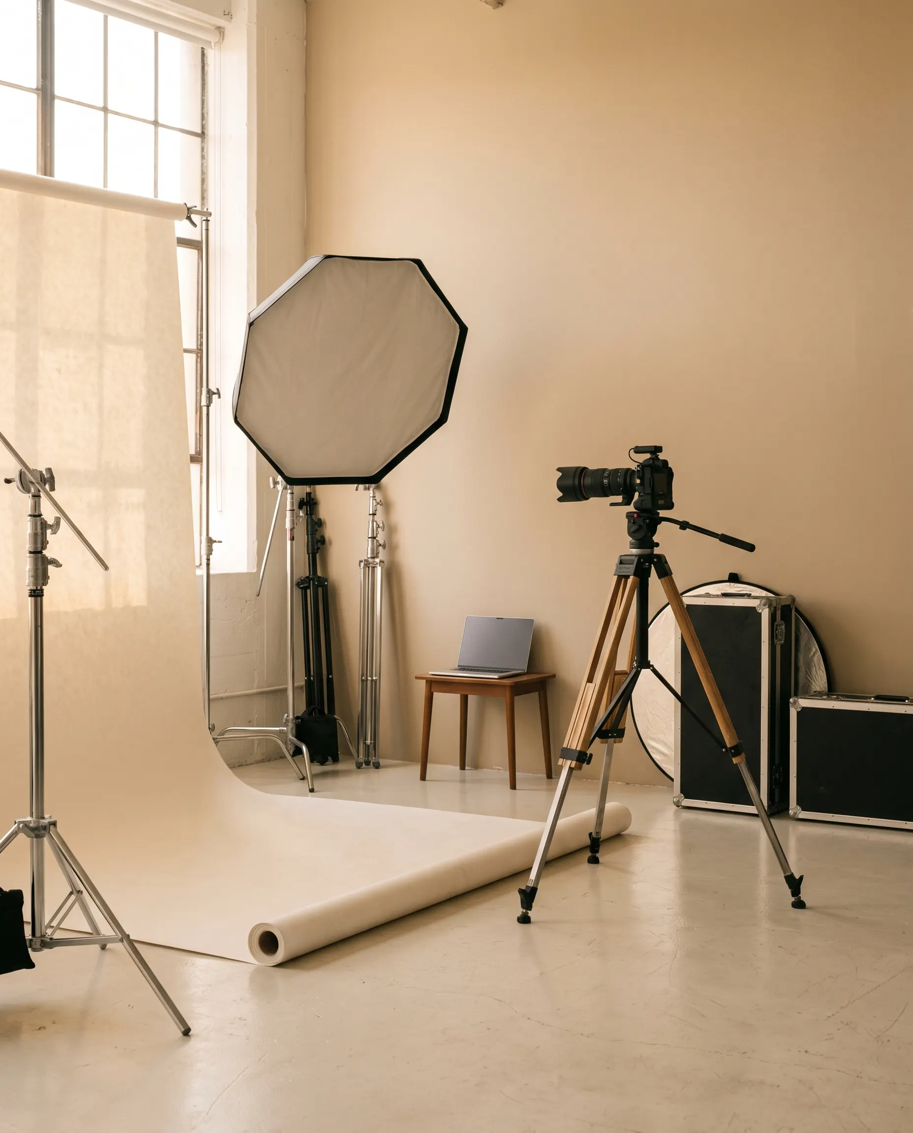 An empty photo studio: seamless backdrop, softbox, camera on a tripod